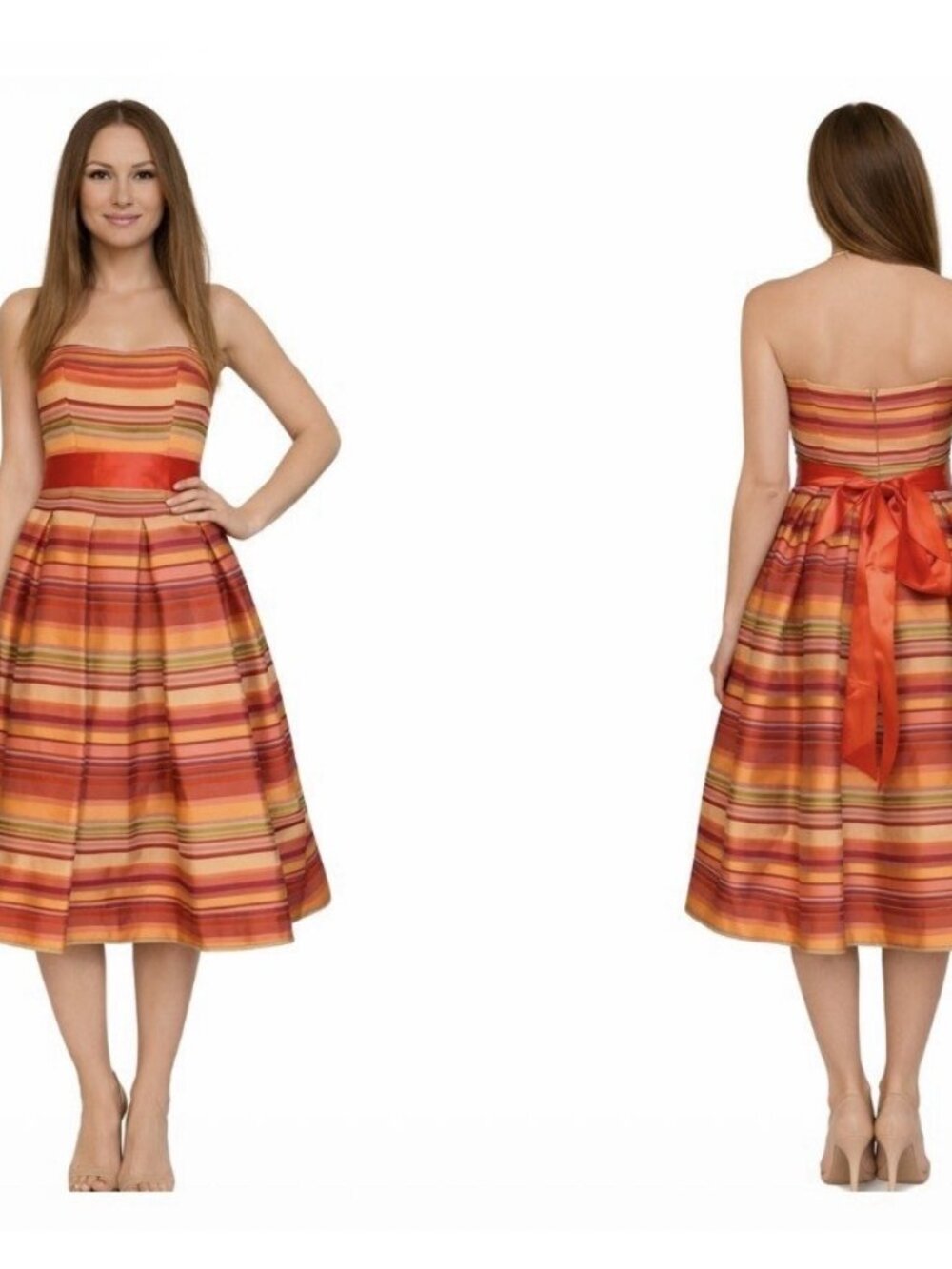 Talbots A Line Strapless Dress 8 Orange Pink Red Faux Silk Party Wedding Guest